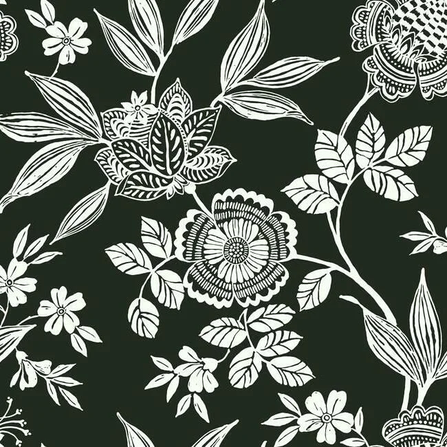 Wood Cut Jacobean Wallpaper in Black and White from the Silhouettes Collection