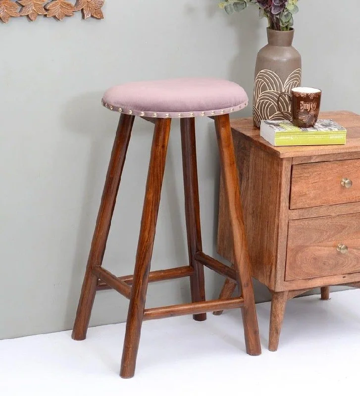 Bayern Mango Wood Bar Stool In Velvet Pink Colour