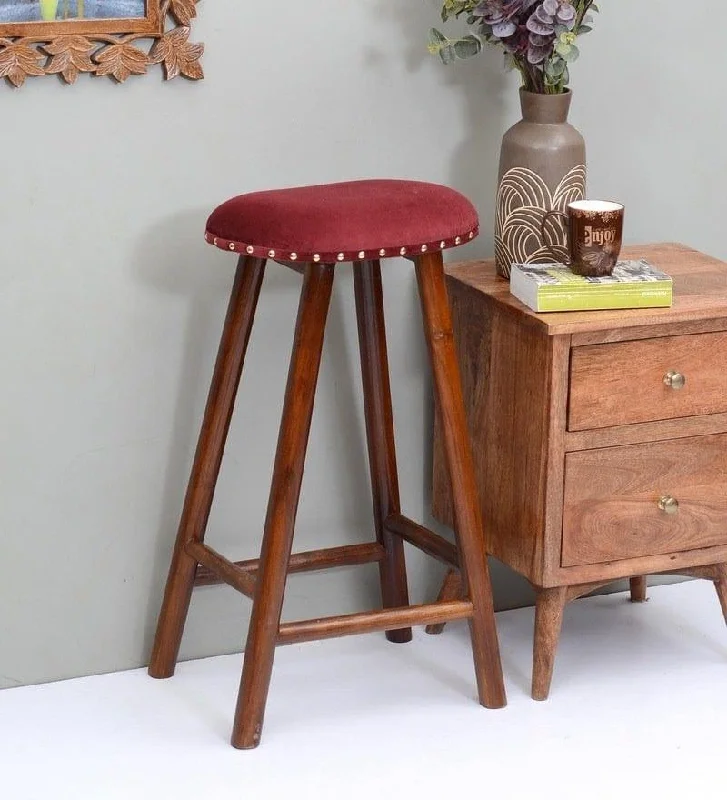 Bira Mango Wood Bar Stool In Velvet Red Colour