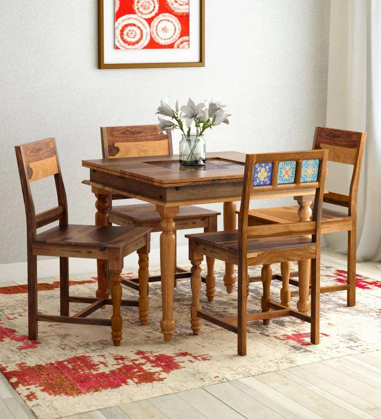 Sheesham Wood 4 Seater Dining Set In Rustic Teak Finish