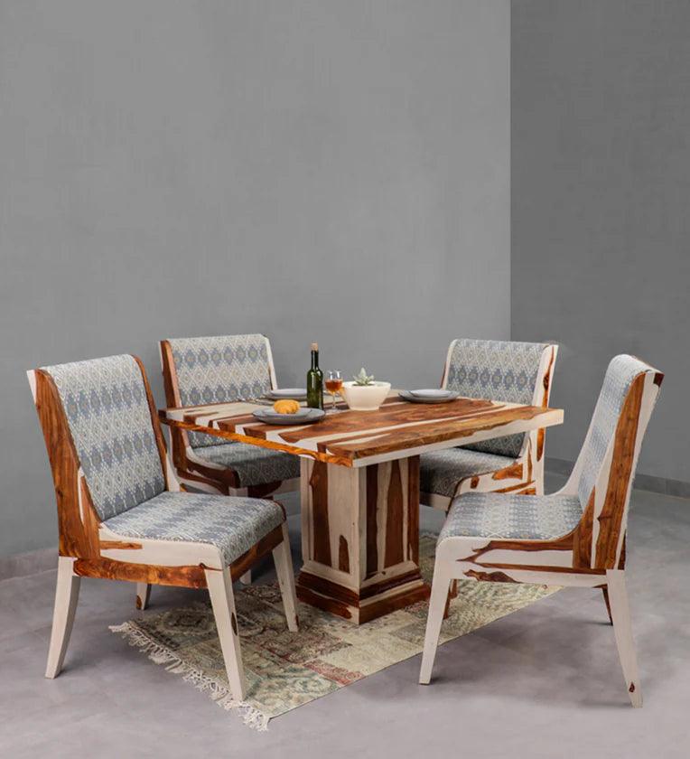 Sheesham Wood 4 Seater Dining Set in Vintage White & Teak Finish