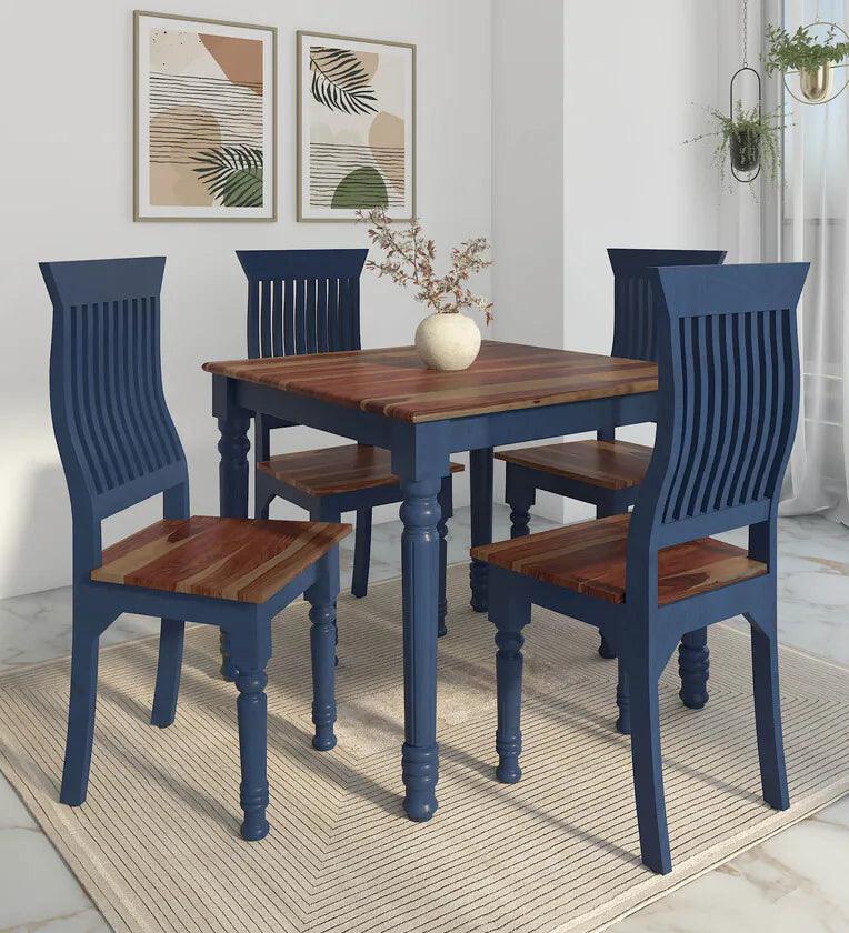 Sheesham Wood 4 Seater Square Dining Set In Blue & Natural Finish