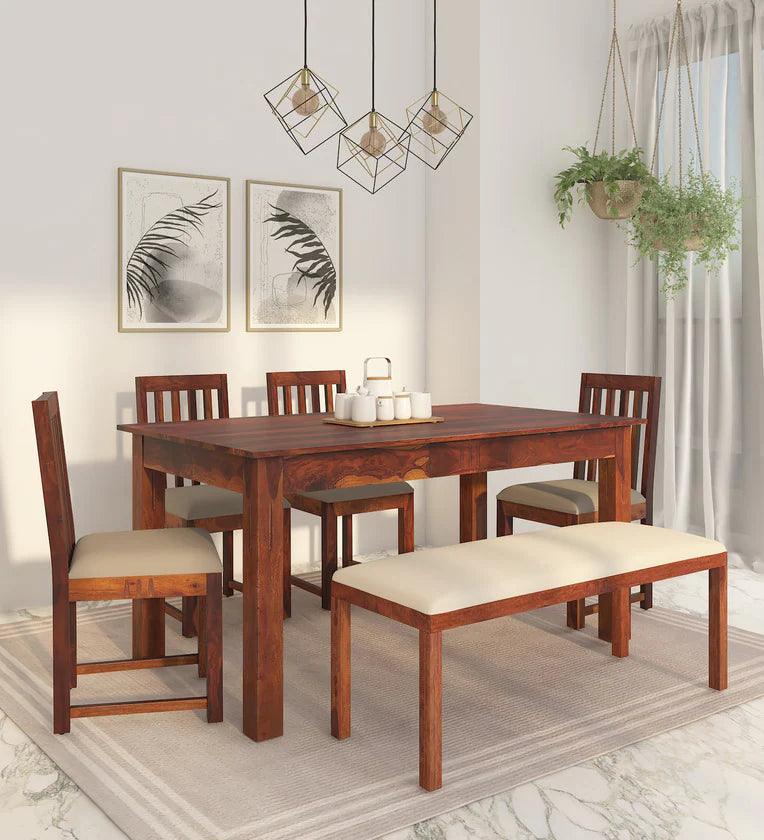 Sheesham Wood 6 Seater Dining Set In Honey Oak Finish With Bench