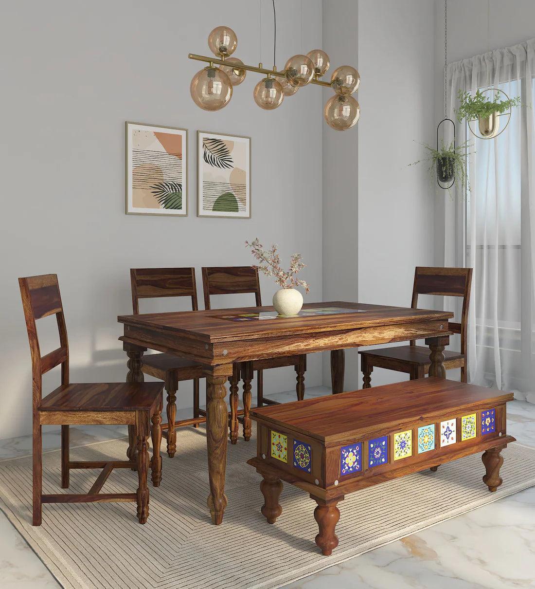 Sheesham Wood 6 Seater Dining Set In Provincial Teak Finish With Bench