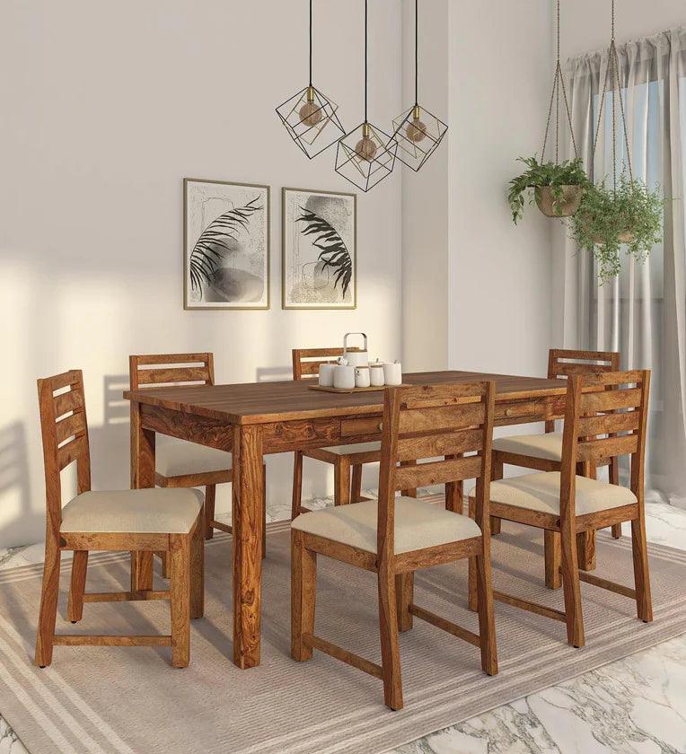 Sheesham Wood 6 Seater Dining Set In Rustic Teak Finish With Drawer