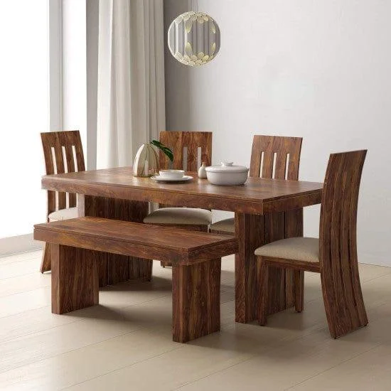 Sheesham Wood Dining Set Six Seater With Bench | Dining Room Furniture In Honey Finish