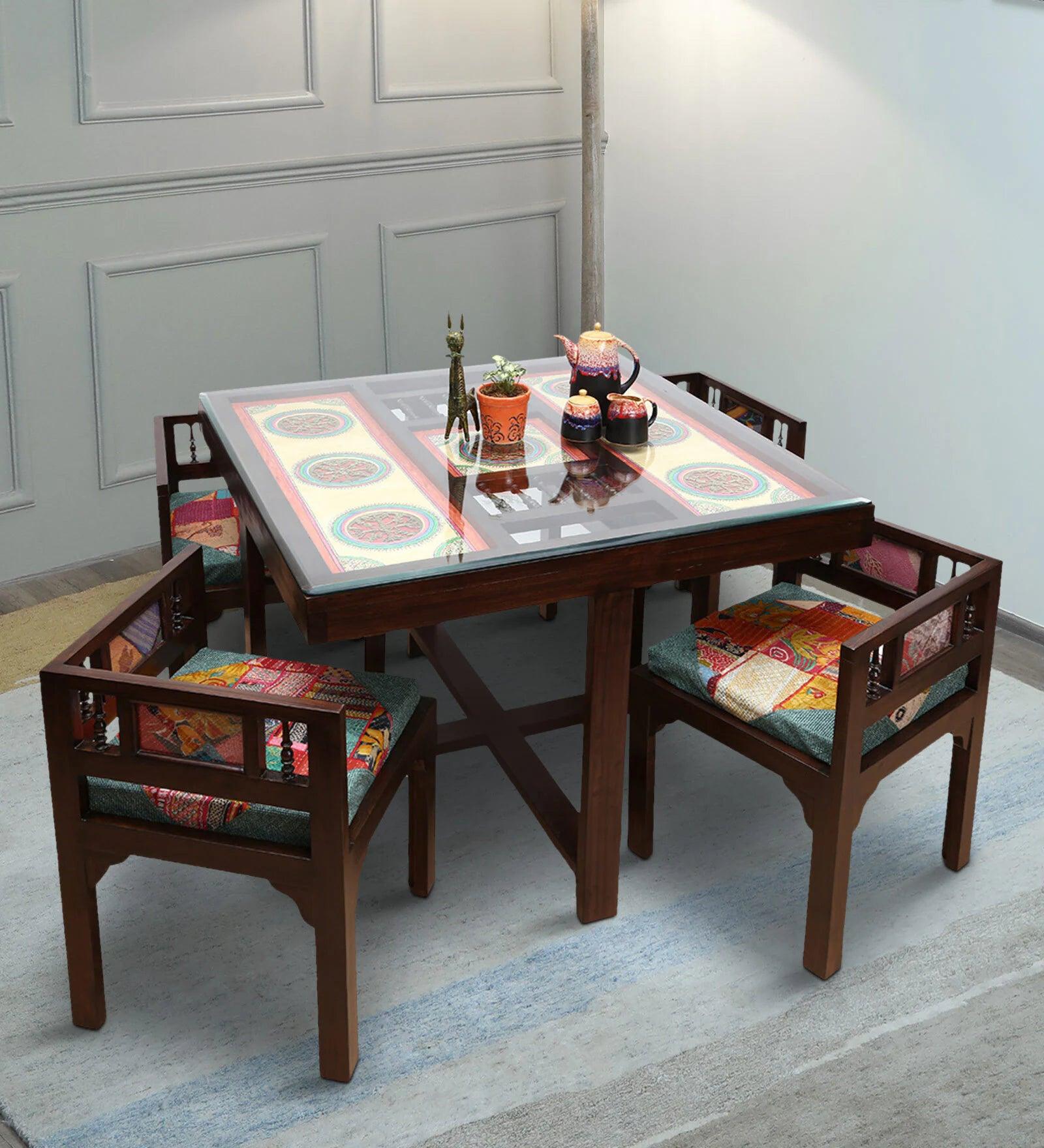 Solid Wood 4 Seater Dining Set in Walnut Colour with 4 Chairs