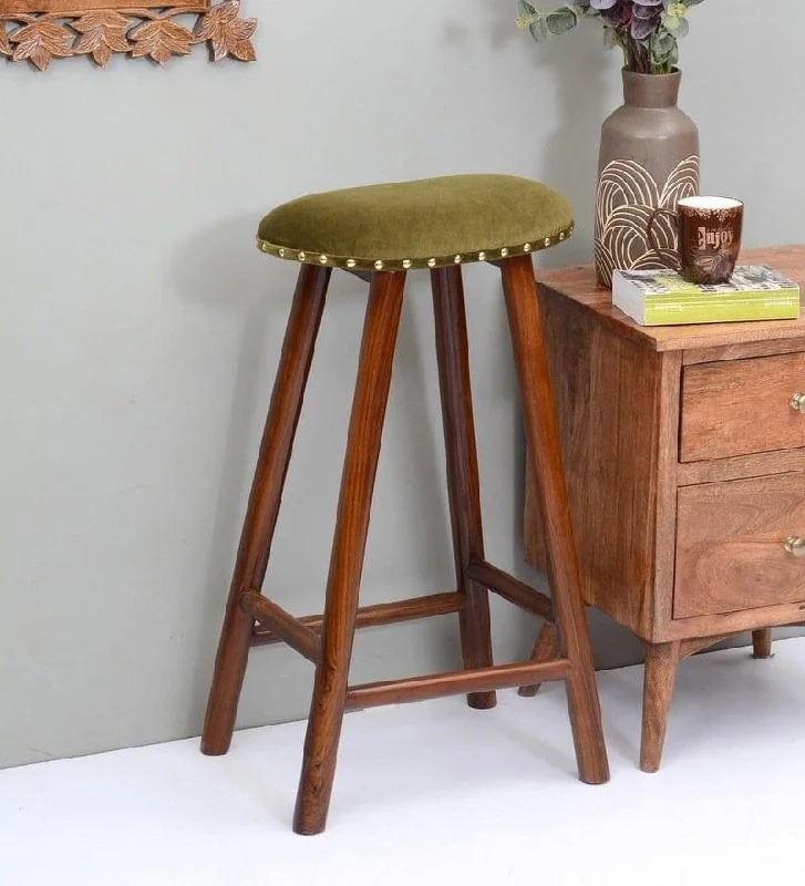 Suzi Mango Wood Bar Stool In Velvet Green Colour