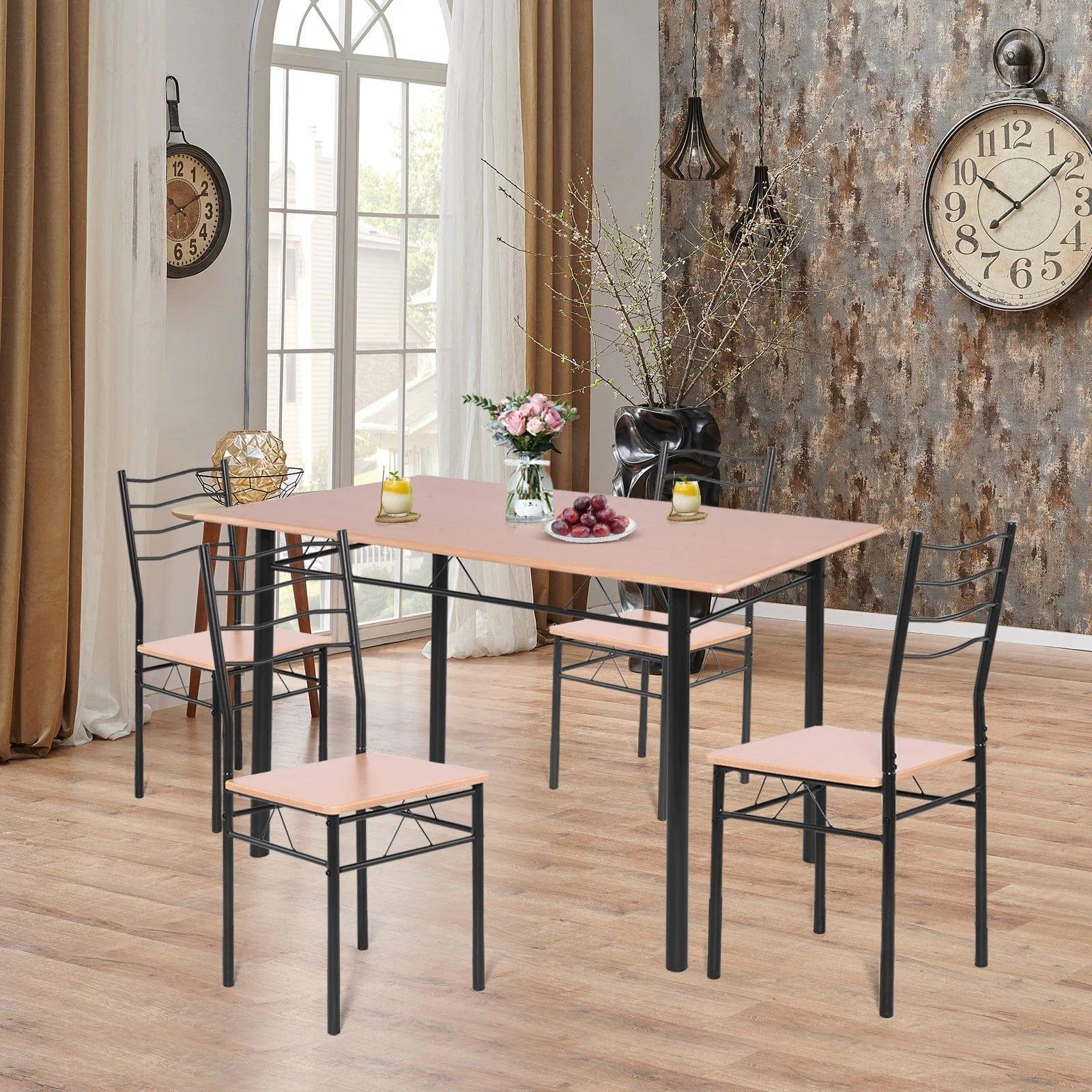 5-Pieces Dining Table Set 4 Chairs MDF Metal Frame Kitchen Furniture Brown