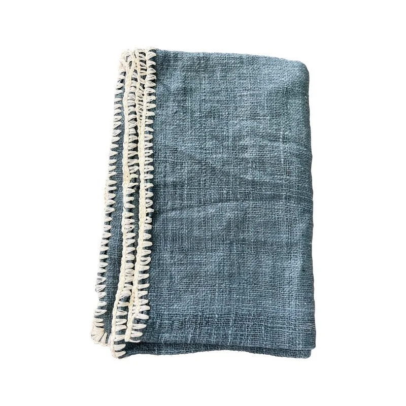 Approx. 84x54 Hand Woven 100% Cotton Throw Vintage Blue