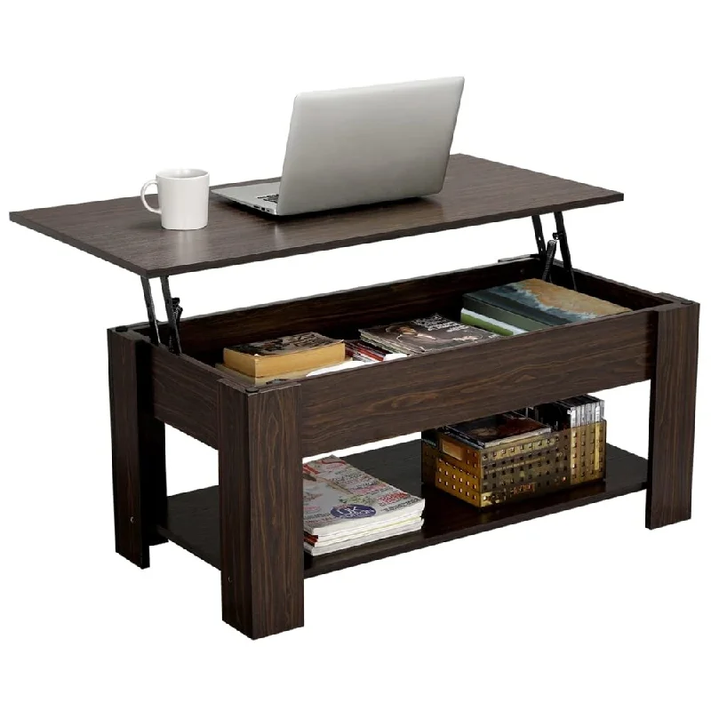 Lift Top Coffee Table with Hidden Compartment and Storage Shelf, Rising Tabletop Dining Table for Living