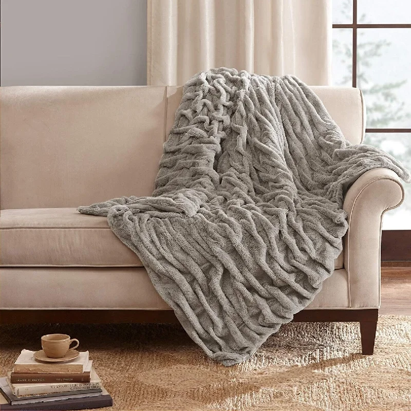 Madison Park Ruched Fur Throw 50" x 60" Grey