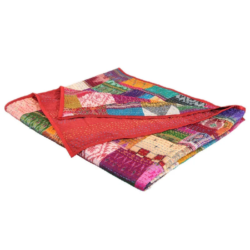 Vintage Handmade Cotton Kantha Reversible Throw Quilt (India)