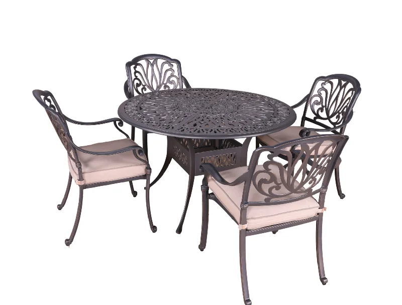 Round 4 Person 48" Long Aluminum Dining Set With Sunbrella Cushions - Gray / Ivory